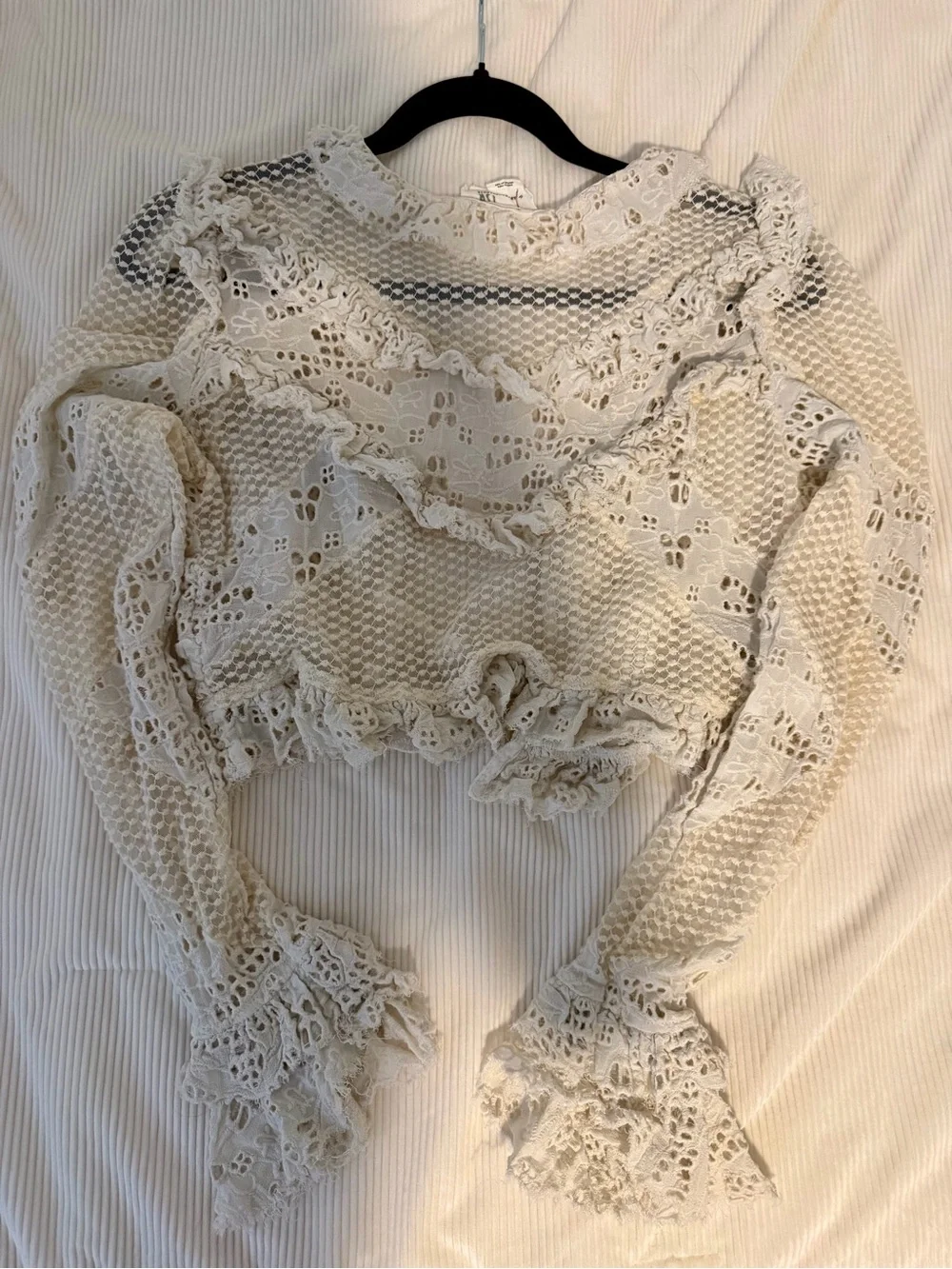 Anthropologie Ivory Crochet Ruffle Button-Front Blouse